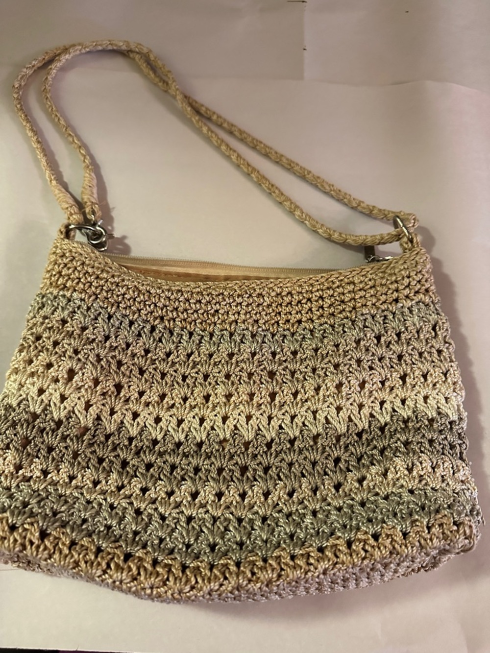 The Sak Braided Crochet Shoulder Bag in Beige and Light Green